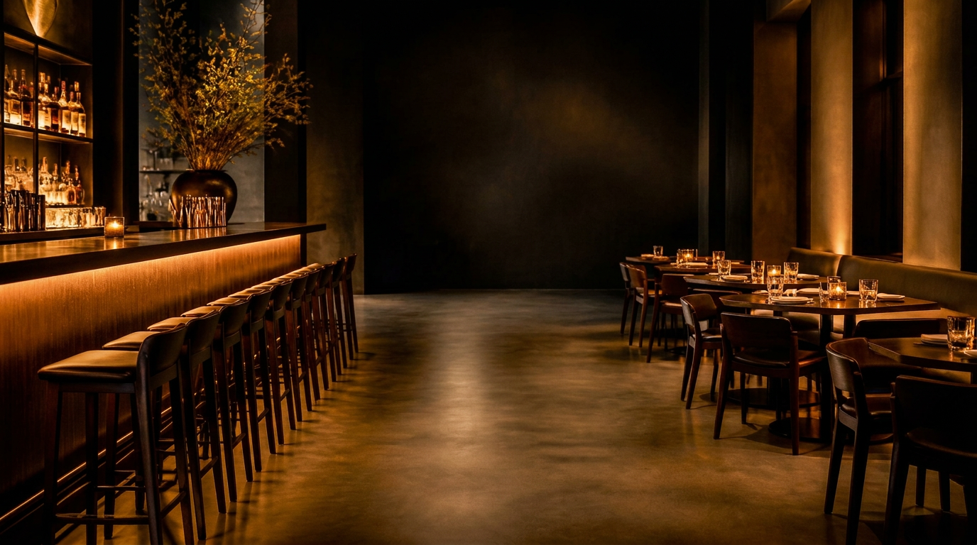 Interior de bar restaurante contemporáneo con barra iluminada y mesas con luz cálida