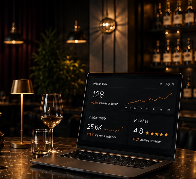 Pantalla en la sala del restaurante mostrando el panel de Vitrevio con reservas, visitas web y reseñas